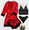 Conjunto de Pijama Feminino de Renda Sexy para Casa Conjunto de Quatro Peças