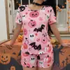Conjunto de Pijama Corto de Manga Corta con Cuello Redondo para Mujer, Lindo Diseño Estampado de Calabaza y Fantasma de Halloween en Toda la Tela, Suministro Directo de Fábrica, Dropshipping Disponible
