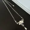 Collar de Pentagrama de Nube Full-Diamond Dulce y Fresco para Niña, Pendientes Largos de Perlas de Imitación de Lujo Ligero de Nicho para Mujer, Exquisita Cadena para Clavícula