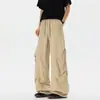 Calça de trabalho de seda gelada cinza claro de perna larga para homens, calça casual fina de verão com pregas e caimento drapeado, corte solto, levemente alargada, comprimento total