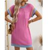 2025 Amazon Nuevo Vestido de Mujer Transfronterizo Europeo y Americano de Verano Casual Color en Contraste Torcido Manga Corta con Bolsillo