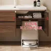 Aspiradora robot estilo mid-century, estación base, combinación, mueble de baño, lavabo integrado de cerámica, madera de nogal