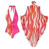 2024 em estoque Moda Praia Transfronteiriça Novo Decote V Profundo Estampado Férias Praia Maiô Inteiro Blusa Feminina Conjunto