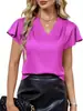 Camisa Feminina de Venda Quente Transfronteiriça com Decote em V e Mangas Curtas com Babados Fluídas Caimento Suave Simples Ligeiramente Madura para o Dia a Dia