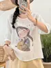 Verão Novo Estilo Ráfia Estampada Gola Redonda Manga Média Pulôver Camiseta Solta Tamanho Grande Top Casual Atacado