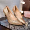 Saltos altos femininos prateados, brilhantes, bico fino, salto fino, dourado champanhe, adequados para eventos anuais, banquetes, vestidos de noite pretos e sapatos de noiva