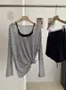 KEKEZOON Conjunto de Três Peças Estilo Desejo Puro: Camisola + Saída de Praia Listrada + Shorts Casuais de Cintura Alta e Pernas Largas 8114
