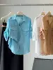 Camisa de Manga Tres Cuartos con Cuello en V y Doble Bolsillo, Diseño Estilo Coreano para Mujer, Verano, Corte Holgado, Adelgazante, Adecuada para el Trabajo y Uso Casual