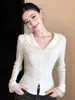 Suéter de punto con cuello de muñeca de encaje francés, manga larga, para mujer, otoño e invierno, ajuste ceñido, camiseta básica