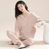 Ropa de dormir de algodón puro para mujer, manga larga, pantalones largos, suéter con cuello en V, talla grande, para primavera y otoño, se puede usar fuera de casa