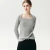 Suéter de cachemira de alta gama, cuello cuadrado, hombro derecho, corte ajustado para mujer, top de punto de manga larga, capa base otoño/invierno