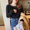 Suéter de Punto con Cuello Redondo Estilo Coreano para Mujer, Nuevo para Primavera 2026, Camiseta Base Engrosada Cálida con Forro Polar, Top Simple para Llevar por Debajo