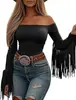 Amazon Cross-Border Blusa Feminina com Franjas Estilo Cowboy Ocidental Ombro a Ombro Manga Longa Retro Stretch Justa Top Camiseta