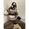 Tejido de Punto Rayado en Color de Contraste Ropa Exterior Holgada para Mujer Nuevo Estilo Otoño e Invierno 2025 Tejido de Punto Básico de Manga Larga Perezoso y Elegante con Cuello Redondo