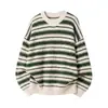 Suéter de punto Hanlu para hombre, estilo retro japonés, bloques de color a rayas, cuello redondo, estilo otoño e invierno, texturizado, holgado y casual