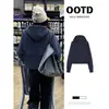 Cárdigan Azul Oscuro Top Corto Mujer Otoño Petite Estilo Coreano Relajado Manga Larga Sudadera con Capucha Delgada Chaqueta