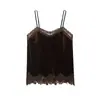 Novo Top Feminino Estilo Europeu e Americano de Renda e Veludo Estilo Lingerie na Cor Café com Alças Finas - Primavera 2026