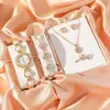 Relógio Pulseira de Pérolas Feminino Moda Personalidade Combinação com Tudo Pulseira de Strass Colar Brincos Anel Conjunto de Joias Presente (