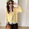 Suéter Coreano de Punto con Cuello en V y Adorno de Encaje Dulce, Nuevo Estilo Otoño e Invierno, Holgado y Versátil, Cárdigan de Punto de Color Sólido Adelgazante
