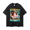 Colete de Manga Curta Estampado Lavado Top Estrela Retro Cantor Vintage Flor Frita Tamanho Grande Street Wear para Homens e Mulheres