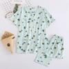 Pijama Feminino de Verão Manga Curta Algodão Puro Gola Redonda Estilo Coreano Cardigã Tecido de Algodão Trançado Pijama para Meia-Idade Conjunto para Casa