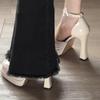 Mostrar Sandálias Femininas Mary Jane Plataforma Baotou Vazado Tira de Fivela de Uma Linha Salto Grosso Salto Alto Sapatos branco-creme
