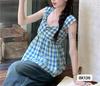 Camisola francesa retro con cuadros contrastantes para mujer, falda dulce de verano, camisa de muñeca sin mangas que cubre el vientre, top pequeño