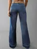 Suministro Exclusivo Transfronterizo de Jeans de Mujer Lavado Azul con Dobladillo Deshilachado, Acampanados, Parcheados, Pantalones de Tiro Bajo Ancho, En Stock para Exportación de Fábrica