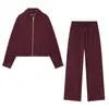 Comercio Exterior Otoño Nuevo Conjunto de Chaqueta Corta de Manga Larga con Cuello Solapa para Mujer y Pantalones de Pierna Ancha Elásticos de Cintura Alta