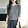 Verano Nuevo Estilo Cuello de Una Línea Sin Costuras 100% Lana Tejido Patrón de Espiga Manga Corta Top Estilo Coreano Camisa Básica para Mujer