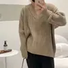 Suéter Pulôver Loose Estilo Preguiçoso Retrô Outono Inverno para Mulheres, Top Simples Casual de Tricô Canelado com Gola V, Suéter de Venda Internacional