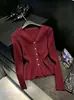 Suéter de Punto Elegante con Cuello para Mujer, Otoño 2026, Ajuste Delgado Versátil, Camisa Base, Suéter Cardigan, Rojo con Etiqueta