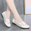 Sapatos confortáveis de camada única com furos respiráveis vazados, sapatos femininos novos para o verão 2024, couro macio, versáteis, para mães de meia-idade e idosos