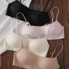 Popular ropa interior sin costuras de color base con escote bajo para mujeres con busto pequeño, con efecto push-up, soporte lateral para los senos, tirantes finos, diseño cruzado invisible en la espalda y hermoso sujetador de espalda