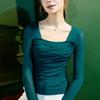 Primavera 2022 Nueva Camiseta Base de Malla con Cuello Cuadrado para Mujer Ajustada Primavera y Otoño Diseño Nicho Interior Elegante Top de Manga Larga