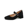 2026 Novo Estilo Suede Francês Salto Médio Bloco Confortável Bico Quadrado Raso Sapatos Mary Jane