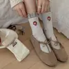 Calcetines de Oso de Dibujos Animados Estilo Coreano Etiqueta de Tela ins Rayas Calcetines de Media Pantorrilla con Micro-Presión Lazo de Encaje Dulce Calcetines Apilados