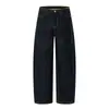 Jeans largo de cor contrastante, costurado à mão, para mulheres, caimento solto, modelador, versátil, comprimento até o chão, moderno