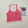 Camisola de Renda Sweet Spice Girl Feminina para Verão Peça Externa Costas Abertas Gola Alta Sem Mangas Tricô Justa Curta