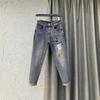 Vintage Blue Hole Bordado Jeans Mulheres Nova Carta Slim Harem Calças Cintura Alta Pé Pequeno Papai Calças Denim