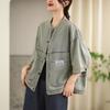 Casaco jeans de manga curta feminino primavera e verão artístico retrô solto com costura combinada casual cardigan top 81275