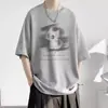 Camiseta de Manga Curta com Estampa de Gato de Verão para Homens, Estilo Americano, Fina, Caimento Solto, Top Jovem Fresco e Moderno