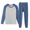 Conjunto térmico de algodón puro para hombre, cuello redondo, con bloques de color, corte ajustado, capa base, adecuado para hombres jóvenes y de mediana edad para usar como camiseta interior y pantalón largo en otoño