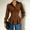 Moda Feminina Versátil Cor Sólida Cinto na Cintura Gola Camisa Babado Plissado Outono 2026