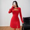 2026 Nuevo Aliexpress Moda Femenina Vestido Sencillo para el Trabajo Otoño e Invierno Nuevo Ajuste Delgado Falda Corta Roja