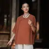 Camisa de manga corta de verano, top de algodón y lino con botones para mujer, estilo chino vintage, corte holgado, cuello diagonal, atuendo Zen para té, camiseta de madre