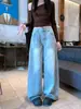 Pantalones anchos de mezclilla para mujer, estilo americano, desgastados, lavados, ondulados, para otoño, casuales, fluidos, de pierna curva, corte recto, largos