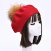 Boina Nueva de Color Sólido con Pompón Mezcla de Lana Moda Cómoda Gorro Pullover Doble Capa Cálido Gorro de Punto Sencillo