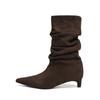 Botas Curtas Salto Gatinho Estilo Francês, Botas Femininas Afuniladas Bico Fino de Pelo, Botas Finas Salto Agulha de Camurça