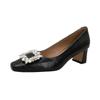 Zapatos de tacón alto con punta cuadrada y tacón grueso para mujer, primavera y otoño de 2025, tallas grandes, con hebilla cuadrada de diamantes de imitación, color rojo vino, tacón medio, boca baja, de una sola capa